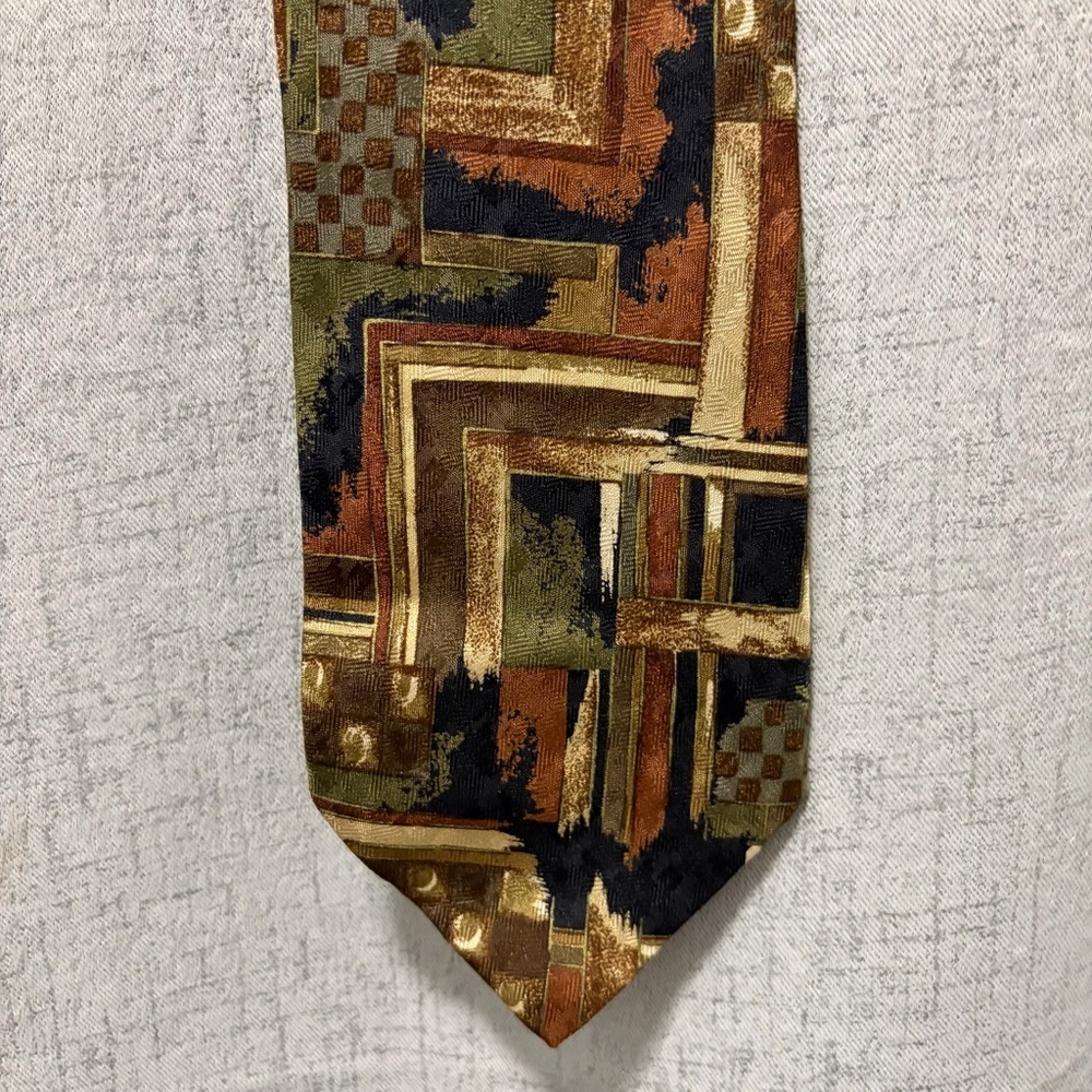 Bachrach Italy Geometric Tie in Olive, Rust, Black & Gold silk